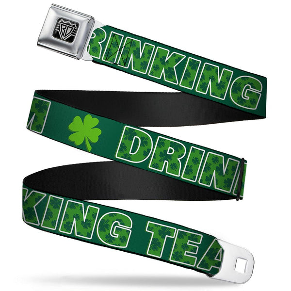 Buckle-Down BD Wings Logo CLOSE-UP Full Color Black Silver Seatbelt Belt - St. Pat's DRINKING TEAM/Shamrocks Black/Green/White Webbing