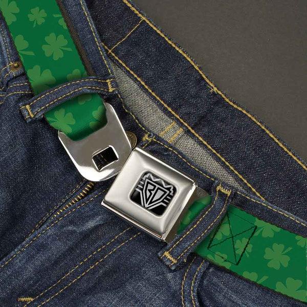 Buckle-Down BD Wings Logo CLOSE-UP Full Color Black Silver Seatbelt Belt - St. Pat's Clovers Scattered3 Greens Webbing
