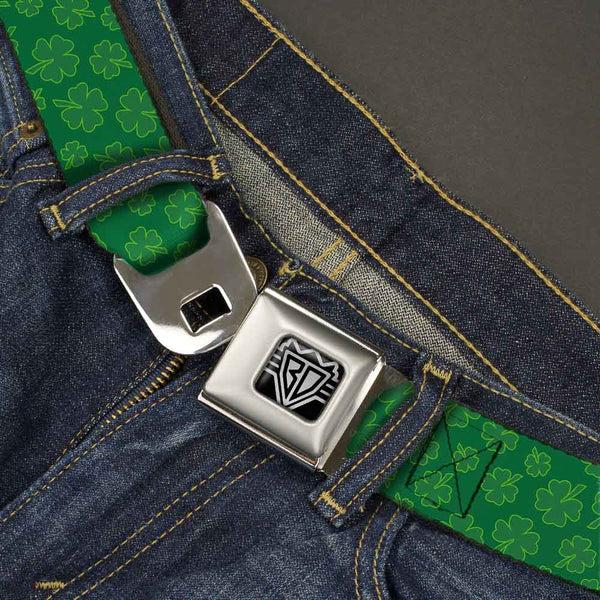 Buckle-Down BD Wings Logo CLOSE-UP Full Color Black Silver Seatbelt Belt - St. Pat's Clovers Scattered Greens Webbing