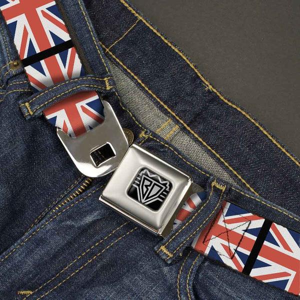 Buckle-Down BD Wings Logo CLOSE-UP Full Color Black Silver Seatbelt Belt - United Kingdom Flags Webbing