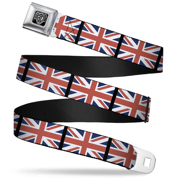 Buckle-Down BD Wings Logo CLOSE-UP Full Color Black Silver Seatbelt Belt - United Kingdom Flags Webbing