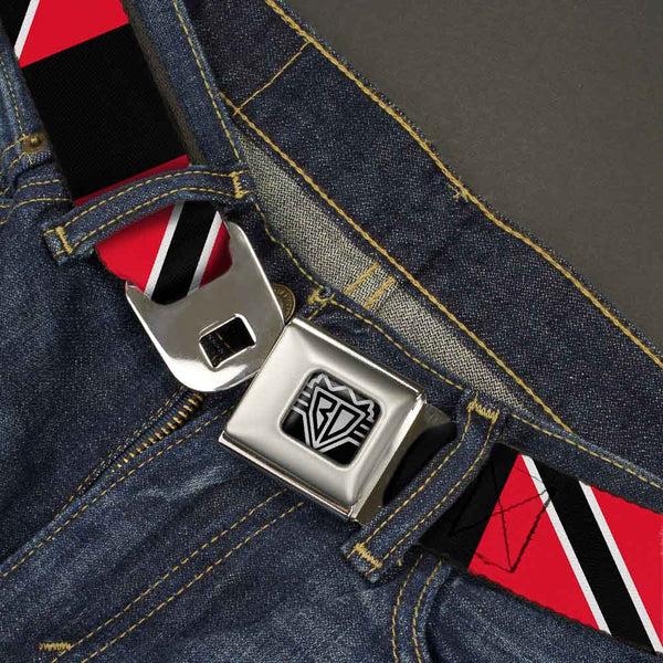 Buckle-Down BD Wings Logo CLOSE-UP Full Color Black Silver Seatbelt Belt - Trinidad & Tobago Flags/Black Block Webbing