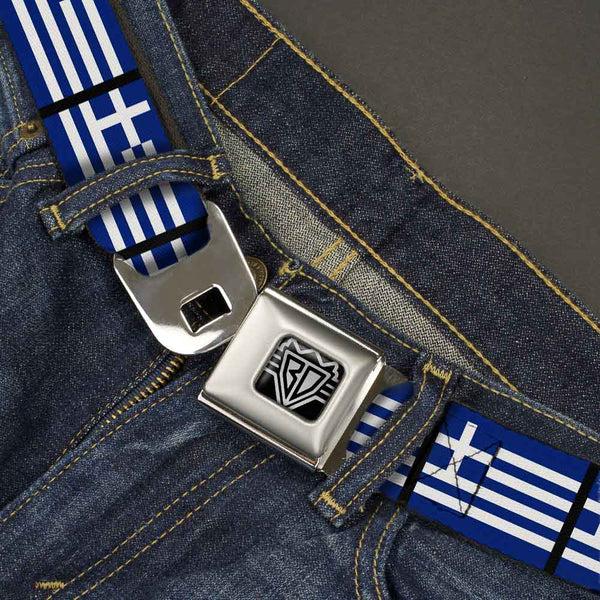 Buckle-Down BD Wings Logo CLOSE-UP Full Color Black Silver Seatbelt Belt - Greece Flags Webbing