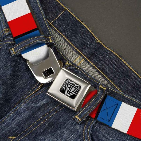 Buckle-Down BD Wings Logo CLOSE-UP Full Color Black Silver Seatbelt Belt - France Flags Webbing