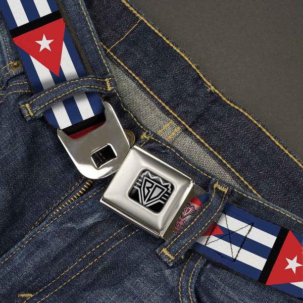 Buckle-Down BD Wings Logo CLOSE-UP Full Color Black Silver Seatbelt Belt - Cuba Flags Webbing