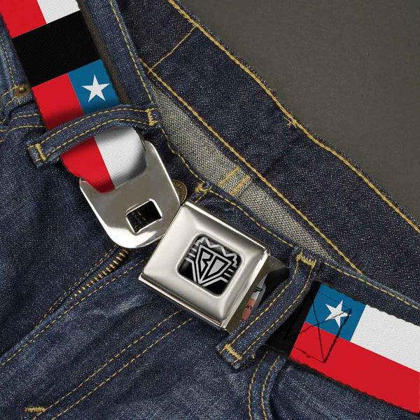 Buckle-Down BD Wings Logo CLOSE-UP Full Color Black Silver Seatbelt Belt - Chile Flags Webbing