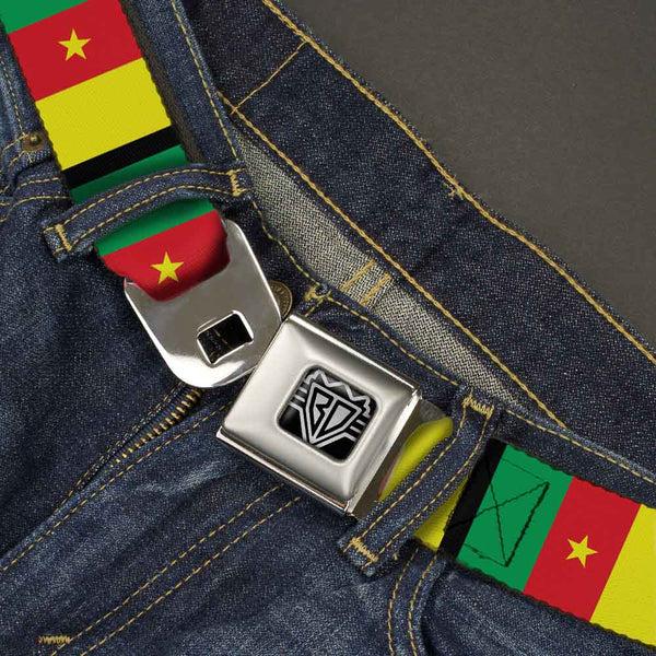 Buckle-Down BD Wings Logo CLOSE-UP Full Color Black Silver Seatbelt Belt - Cameroon Flags Webbing