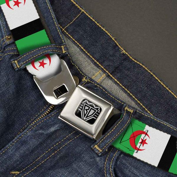 Buckle-Down BD Wings Logo CLOSE-UP Full Color Black Silver Seatbelt Belt - Algeria Flags Webbing