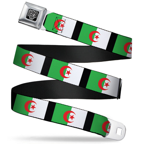 Buckle-Down BD Wings Logo CLOSE-UP Full Color Black Silver Seatbelt Belt - Algeria Flags Webbing