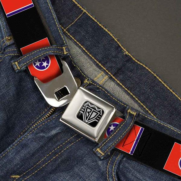 Buckle-Down BD Wings Logo CLOSE-UP Full Color Black Silver Seatbelt Belt - Tennessee Flags/Black Webbing