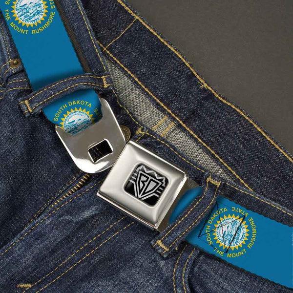 Buckle-Down BD Wings Logo CLOSE-UP Full Color Black Silver Seatbelt Belt - South Dakota Flags Webbing