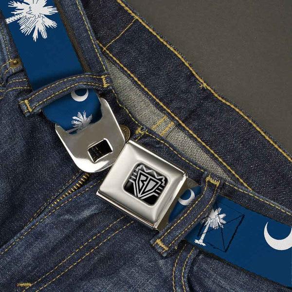 Buckle-Down BD Wings Logo CLOSE-UP Full Color Black Silver Seatbelt Belt - South Carolina Flags Scattered Webbing