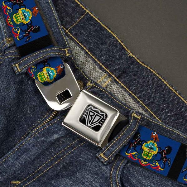Buckle-Down BD Wings Logo CLOSE-UP Full Color Black Silver Seatbelt Belt - Pennsylvania Flags/Black Webbing