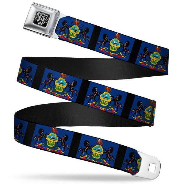 Buckle-Down BD Wings Logo CLOSE-UP Full Color Black Silver Seatbelt Belt - Pennsylvania Flags/Black Webbing