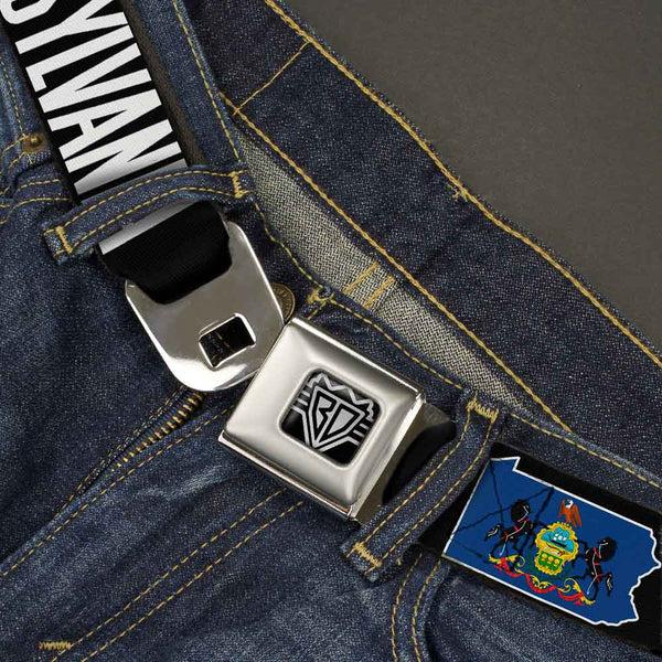 Buckle-Down BD Wings Logo CLOSE-UP Full Color Black Silver Seatbelt Belt - Pennsylvania Flag Silhouette WELCOME TO PENNSYLVANIA Webbing