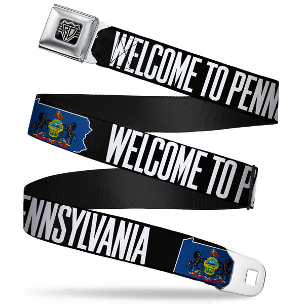 Buckle-Down BD Wings Logo CLOSE-UP Full Color Black Silver Seatbelt Belt - Pennsylvania Flag Silhouette WELCOME TO PENNSYLVANIA Webbing