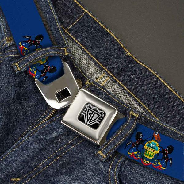 Buckle-Down BD Wings Logo CLOSE-UP Full Color Black Silver Seatbelt Belt - Pennsylvania Flag Webbing