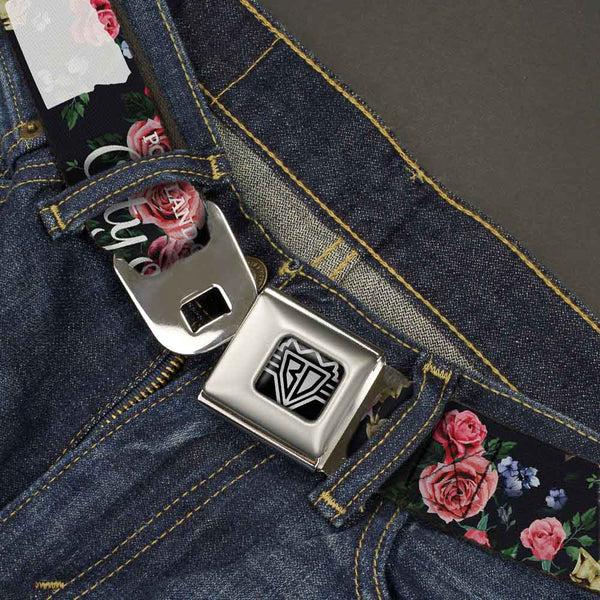 Buckle-Down BD Wings Logo CLOSE-UP Full Color Black Silver Seatbelt Belt - Oregon Silhouette/PORTLAND OREGON-CITY OF ROSES Roses/White Webbing