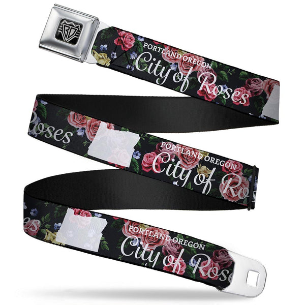 Buckle-Down BD Wings Logo CLOSE-UP Full Color Black Silver Seatbelt Belt - Oregon Silhouette/PORTLAND OREGON-CITY OF ROSES Roses/White Webbing