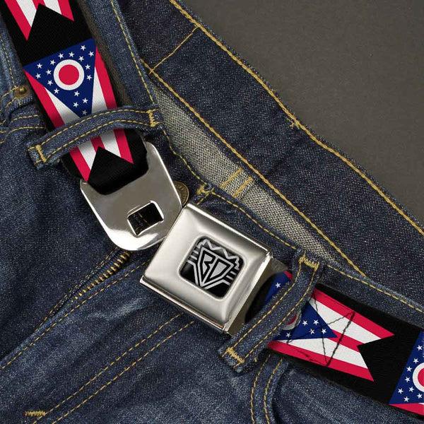 Buckle-Down BD Wings Logo CLOSE-UP Full Color Black Silver Seatbelt Belt - Ohio Flag Repeat Black Webbing