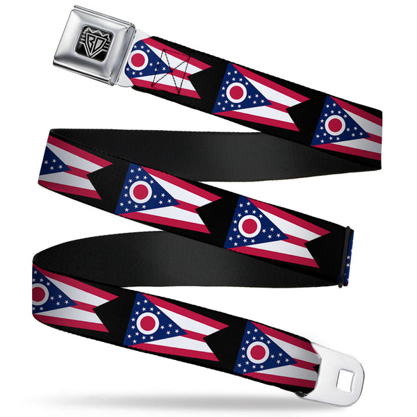 Buckle-Down BD Wings Logo CLOSE-UP Full Color Black Silver Seatbelt Belt - Ohio Flag Repeat Black Webbing