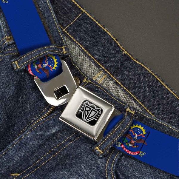 Buckle-Down BD Wings Logo CLOSE-UP Full Color Black Silver Seatbelt Belt - North Dakota Flags Webbing