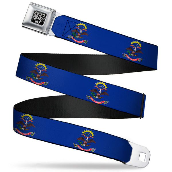 Buckle-Down BD Wings Logo CLOSE-UP Full Color Black Silver Seatbelt Belt - North Dakota Flags Webbing
