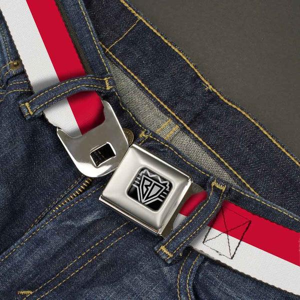 Buckle-Down BD Wings Logo CLOSE-UP Full Color Black Silver Seatbelt Belt - North Carolina Flag Stripe Red/White Webbing