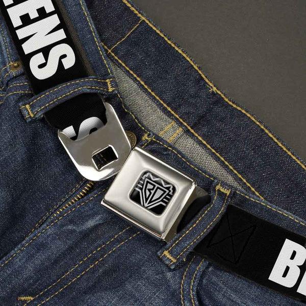 Buckle-Down BD Wings Logo CLOSE-UP Full Color Black Silver Seatbelt Belt - New York's Five Burroughs Bold Black/White Webbing