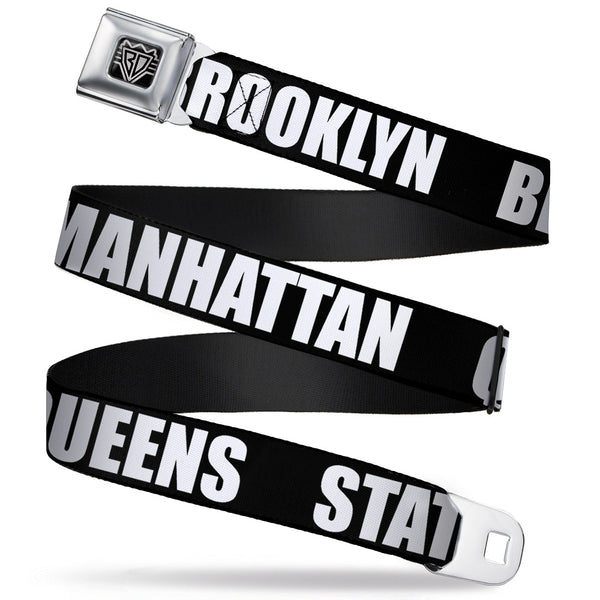 Buckle-Down BD Wings Logo CLOSE-UP Full Color Black Silver Seatbelt Belt - New York's Five Burroughs Bold Black/White Webbing