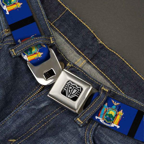 Buckle-Down BD Wings Logo CLOSE-UP Full Color Black Silver Seatbelt Belt - New York Flags/Black Webbing