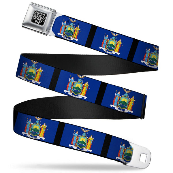 Buckle-Down BD Wings Logo CLOSE-UP Full Color Black Silver Seatbelt Belt - New York Flags/Black Webbing
