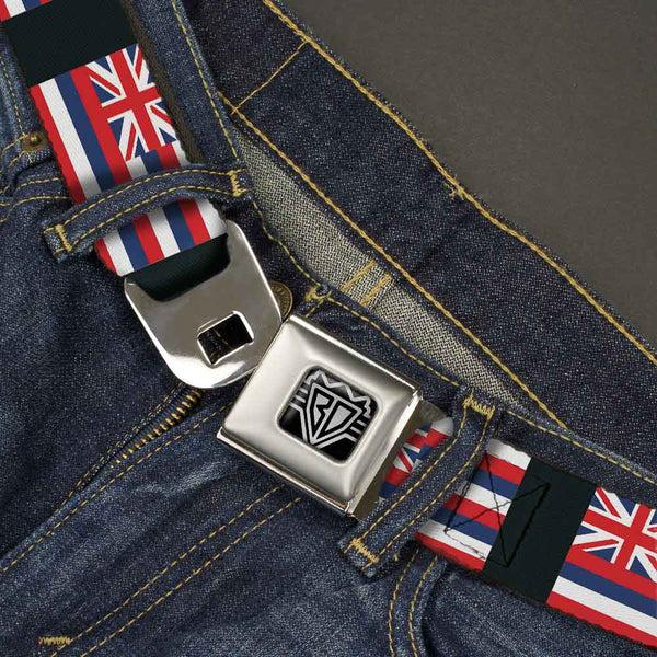 Buckle-Down BD Wings Logo CLOSE-UP Full Color Black Silver Seatbelt Belt - Hawaii Flags Webbing