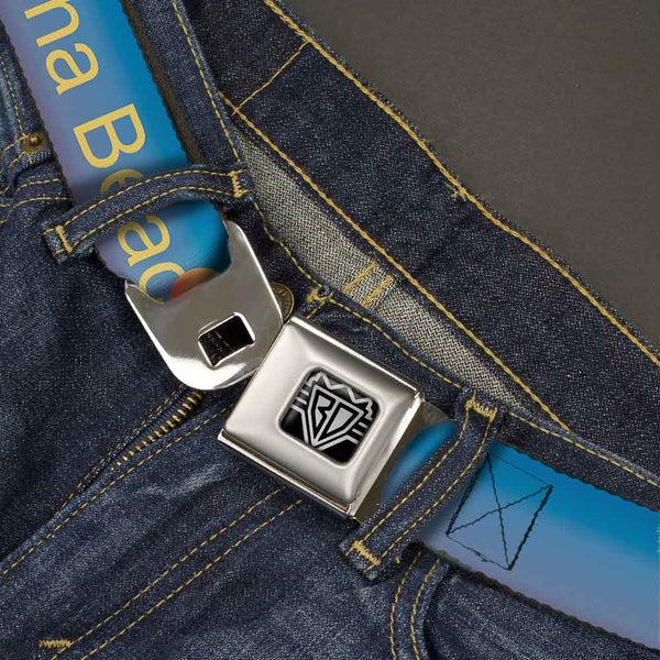 Buckle-Down BD Wings Logo CLOSE-UP Full Color Black Silver Seatbelt Belt - DAYTON BEACH Script/Sun/Palm Trees Blue Fade/Yellow/Oranges/Green Webbing