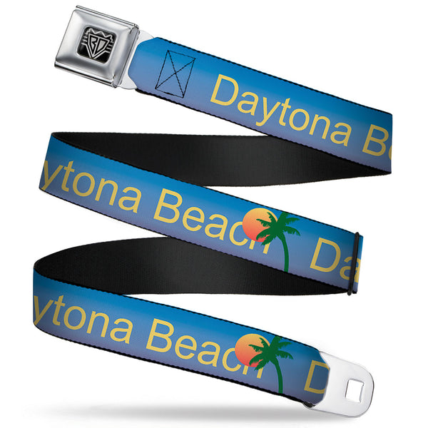 Buckle-Down BD Wings Logo CLOSE-UP Full Color Black Silver Seatbelt Belt - DAYTON BEACH Script/Sun/Palm Trees Blue Fade/Yellow/Oranges/Green Webbing