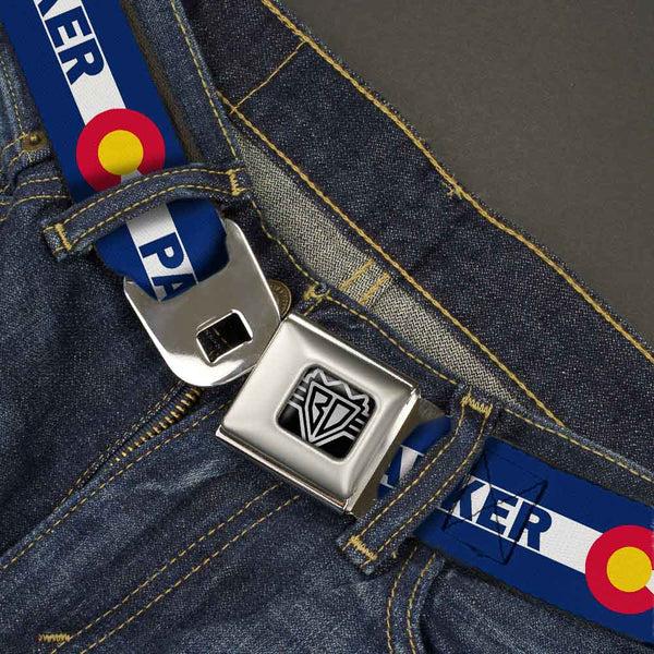 Buckle-Down BD Wings Logo CLOSE-UP Full Color Black Silver Seatbelt Belt - Colorado PARKER Flag Blue/White/Red/Yellow Webbing
