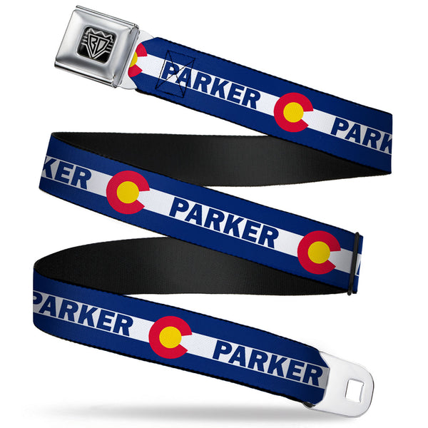 Buckle-Down BD Wings Logo CLOSE-UP Full Color Black Silver Seatbelt Belt - Colorado PARKER Flag Blue/White/Red/Yellow Webbing