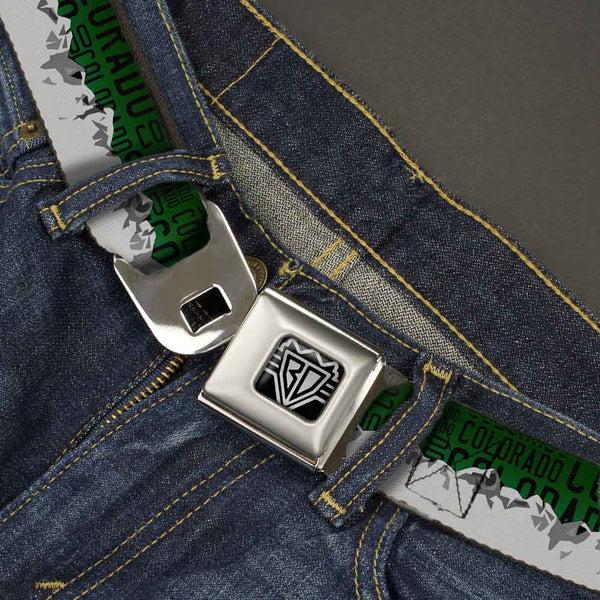 Buckle-Down BD Wings Logo CLOSE-UP Full Color Black Silver Seatbelt Belt - Colorado Mountains Green/Black Text/Grays Webbing