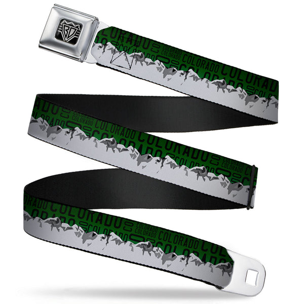 Buckle-Down BD Wings Logo CLOSE-UP Full Color Black Silver Seatbelt Belt - Colorado Mountains Green/Black Text/Grays Webbing