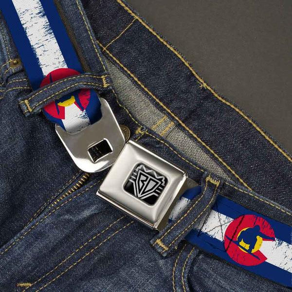 Buckle-Down BD Wings Logo CLOSE-UP Full Color Black Silver Seatbelt Belt - Colorado Flag/Snowboarder Weathered Webbing