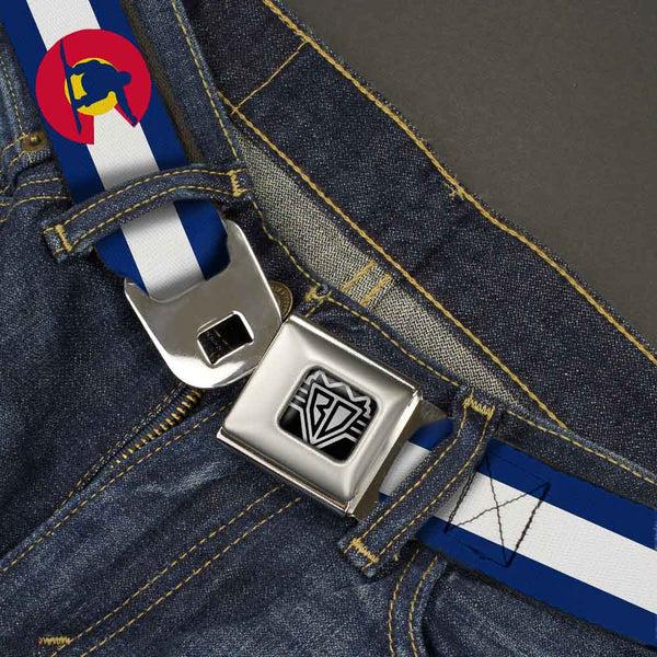 Buckle-Down BD Wings Logo CLOSE-UP Full Color Black Silver Seatbelt Belt - Colorado Flag/Snowboarder Blue/White/Red/Yellow Webbing