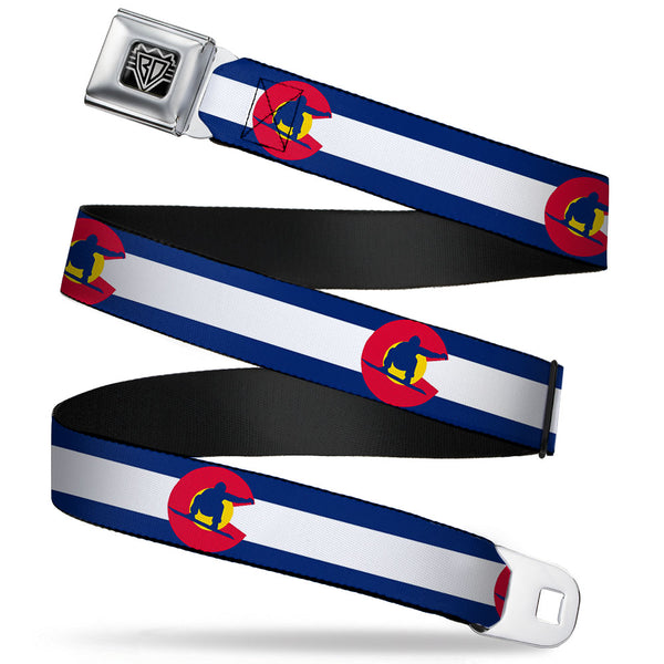 Buckle-Down BD Wings Logo CLOSE-UP Full Color Black Silver Seatbelt Belt - Colorado Flag/Snowboarder Blue/White/Red/Yellow Webbing