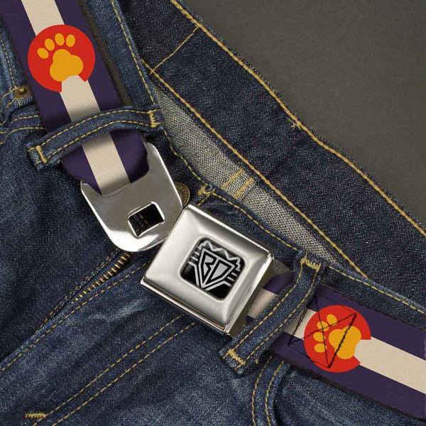 Buckle-Down BD Wings Logo CLOSE-UP Full Color Black Silver Seatbelt Belt - Colorado Flag/Paw Print Webbing