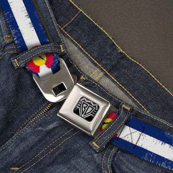 Buckle-Down BD Wings Logo CLOSE-UP Full Color Black Silver Seatbelt Belt - Colorado Flag/Fisher Weathered Webbing