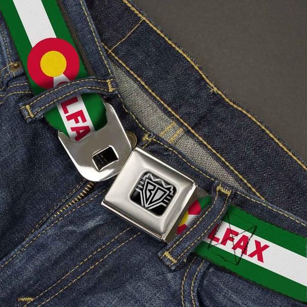 Buckle-Down BD Wings Logo CLOSE-UP Full Color Black Silver Seatbelt Belt - COLFAX Green Stripe Webbing