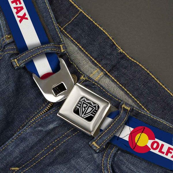 Buckle-Down BD Wings Logo CLOSE-UP Full Color Black Silver Seatbelt Belt - Colfax Colorado Flag Webbing