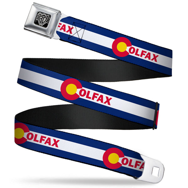 Buckle-Down BD Wings Logo CLOSE-UP Full Color Black Silver Seatbelt Belt - Colfax Colorado Flag Webbing