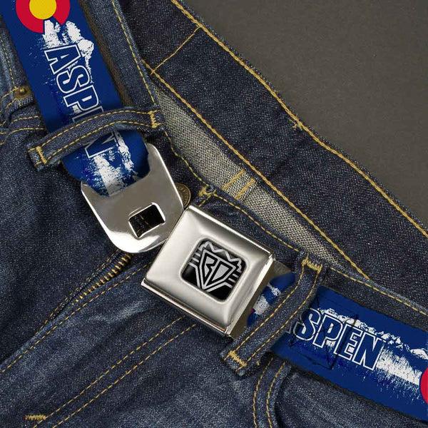 Buckle-Down BD Wings Logo CLOSE-UP Full Color Black Silver Seatbelt Belt - Colorado ASPEN Flag/Snowy Mountains Weathered2 Blue/White/Red/Yellows Webbing