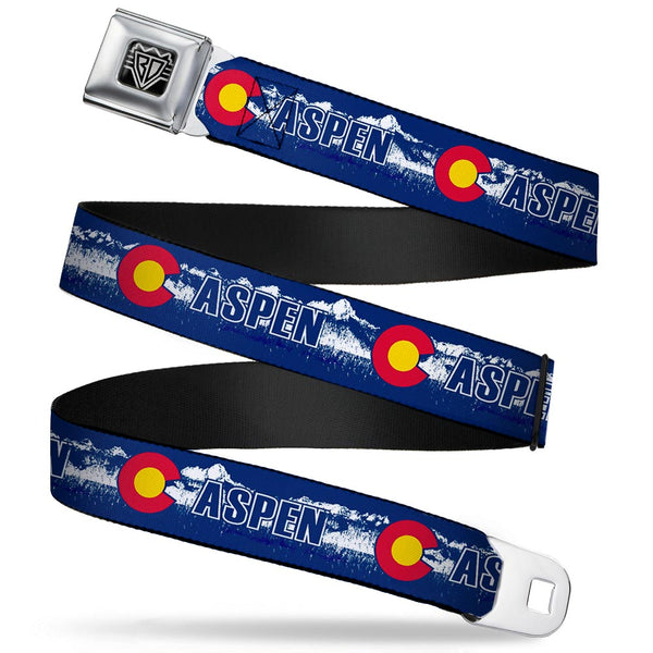 Buckle-Down BD Wings Logo CLOSE-UP Full Color Black Silver Seatbelt Belt - Colorado ASPEN Flag/Snowy Mountains Weathered2 Blue/White/Red/Yellows Webbing