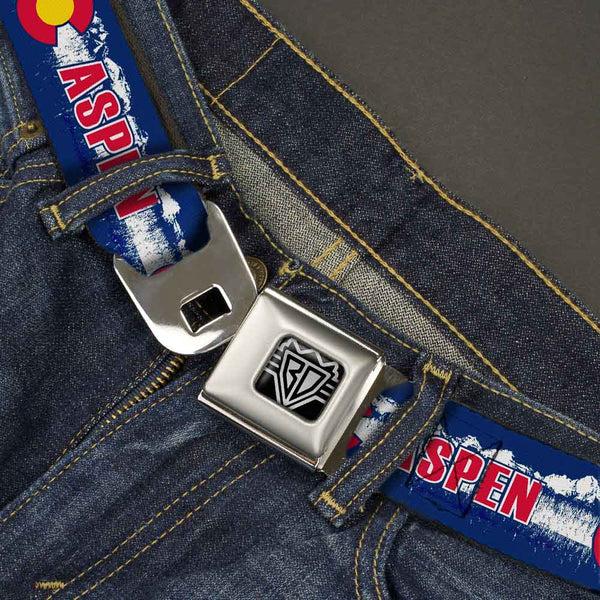 Buckle-Down BD Wings Logo CLOSE-UP Full Color Black Silver Seatbelt Belt - Colorado ASPEN Flag/Snowy Mountains Weathered Blue/White/Red/Yellows Webbing